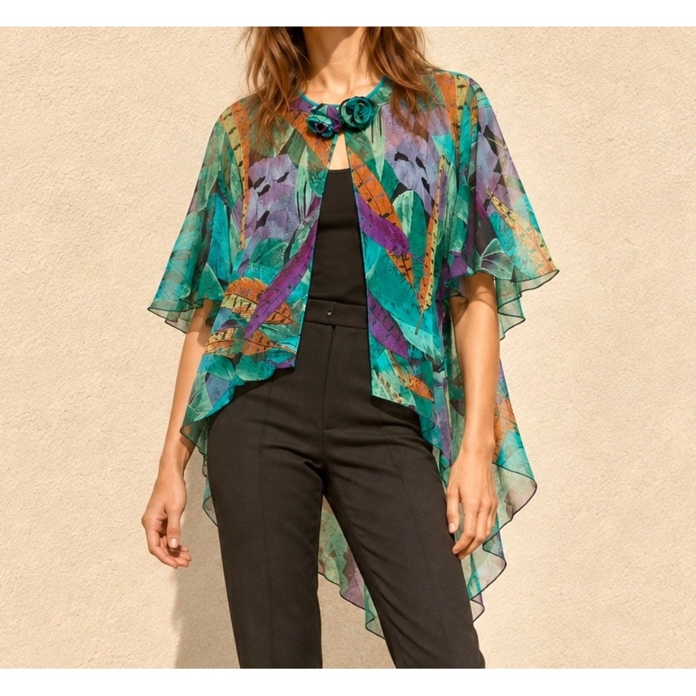 Vintage Miss Dior Boho Green S Tropical Chiffon Rosette High-Low Blouse 1980s
